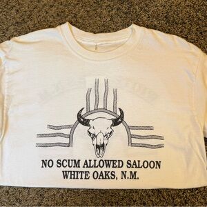 No Scum Allowed Saloon White Graphic T-Shirt with Bull Skull Design